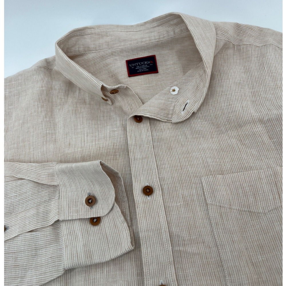 UNTUCKit Button Down Mens XXL Tan Striped 100% Linen Regular Fit Hudelot Shirt